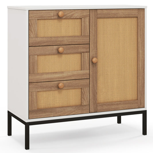 Rattan Sideboard Buffet Cabinet with 1 Door and 3 Drawers, White - Gallery Canada