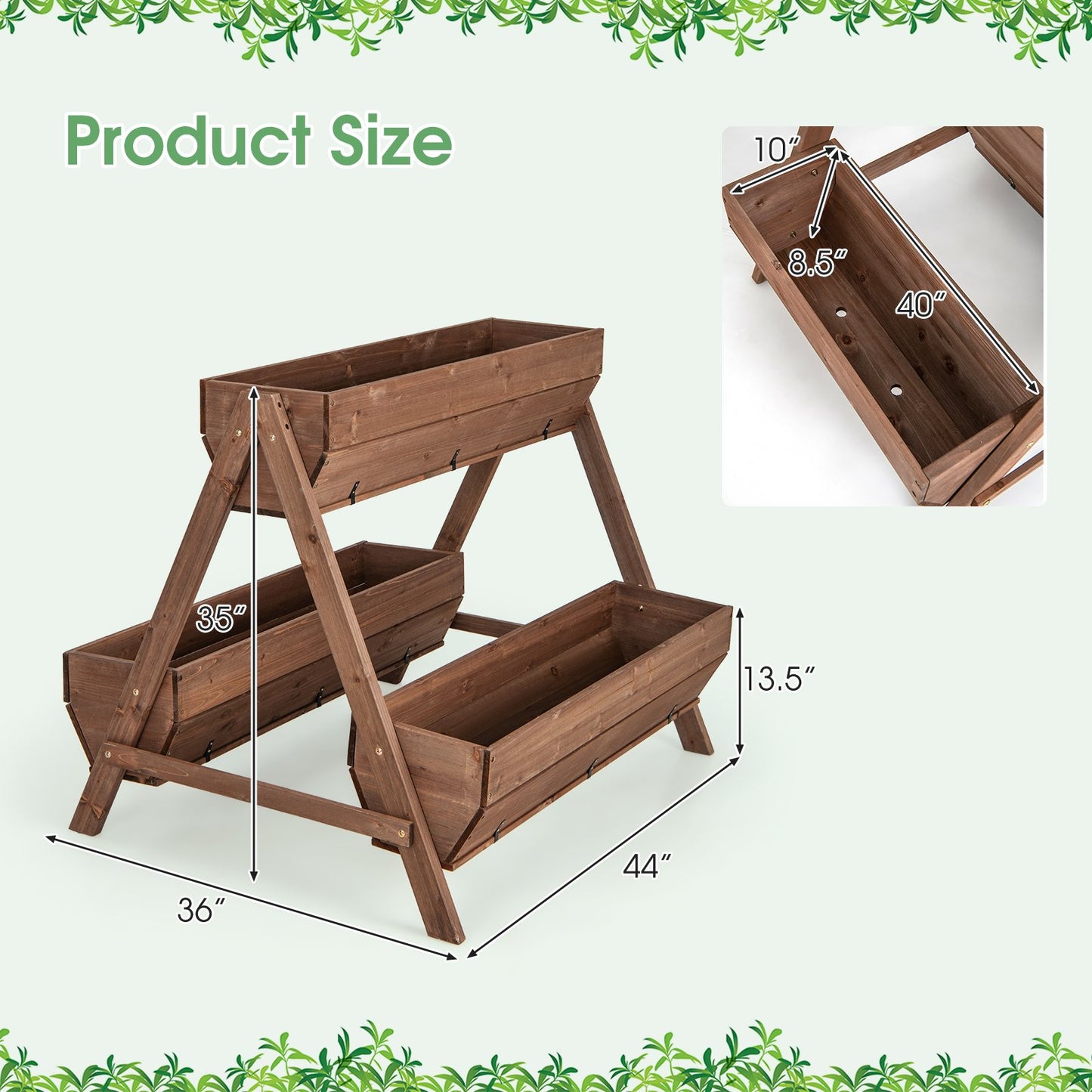 Vertical Raised Garden bed with 3 Wooden Planter Boxes-L, Brown