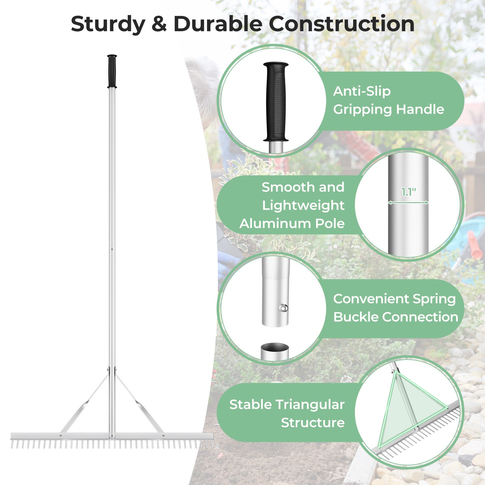 Aluminum Rake, 36 Inch Wide Head, 68 Inch Handle, Silver Lawn Care Tools at Gallery Canada