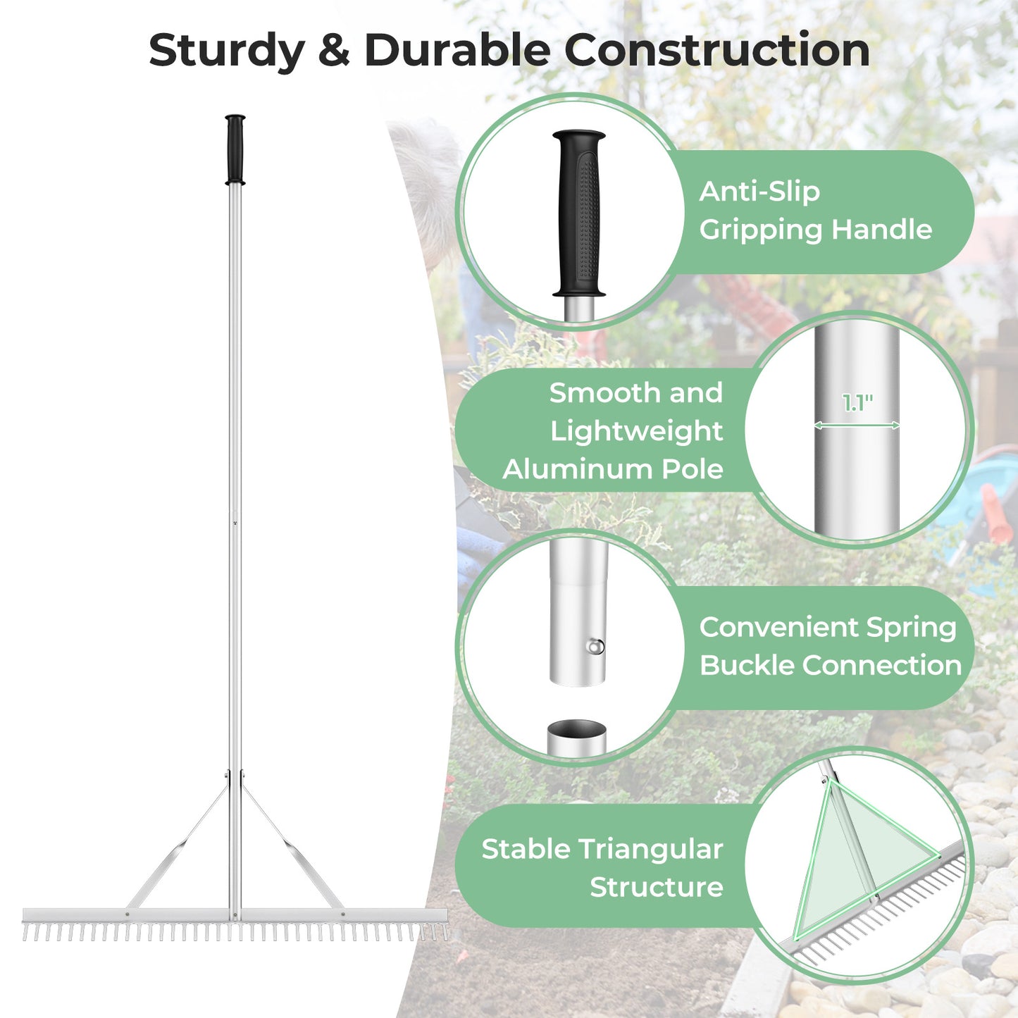 Aluminum Rake, 36 Inch Wide Head, 68 Inch Handle, Silver Lawn Care Tools at Gallery Canada