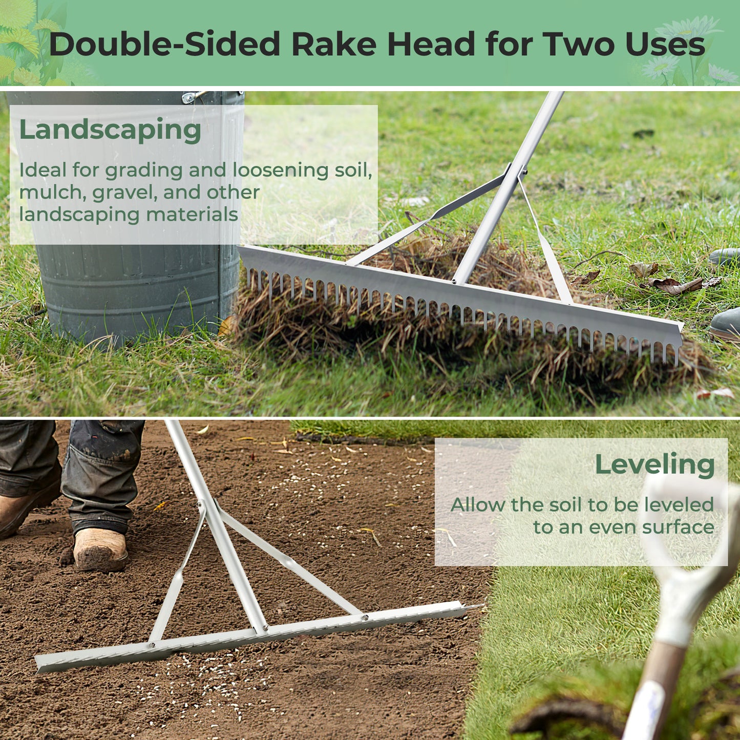 Aluminum Rake, 36 Inch Wide Head, 68 Inch Handle, Silver Lawn Care Tools at Gallery Canada