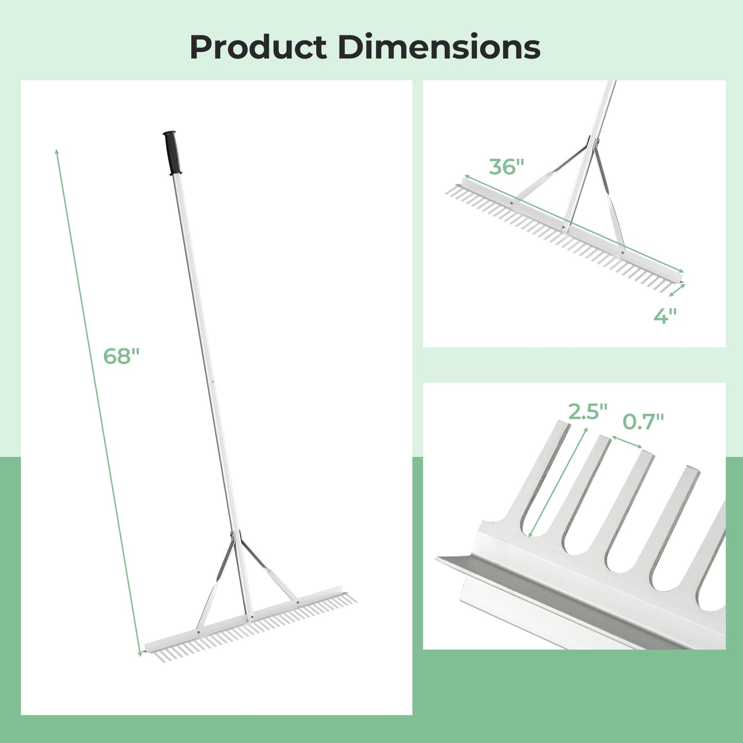 Aluminum Rake, 36 Inch Wide Head, 68 Inch Handle, Silver Lawn Care Tools at Gallery Canada