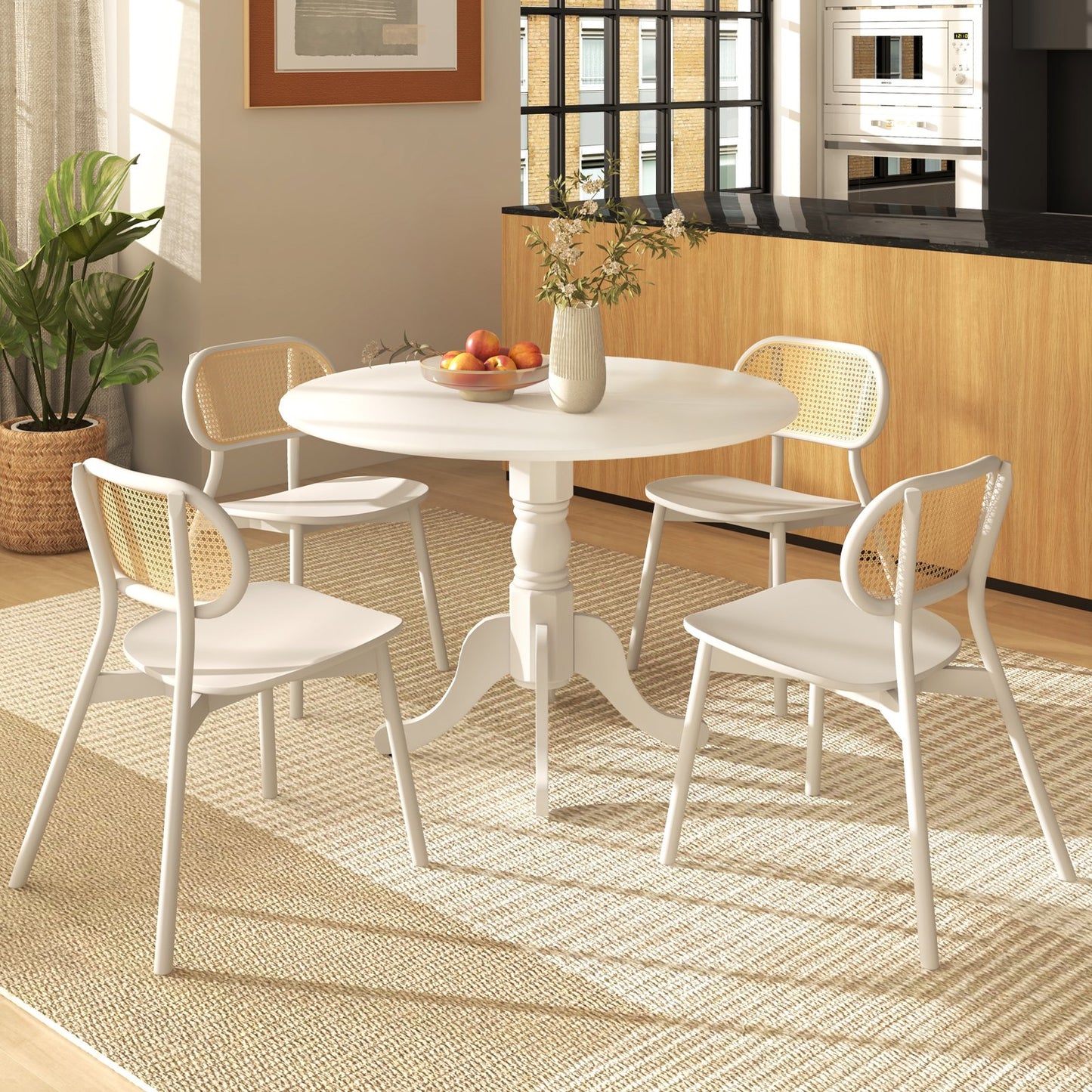 Wooden Dining Table with Round Tabletop and Curved Trestle Legs, White