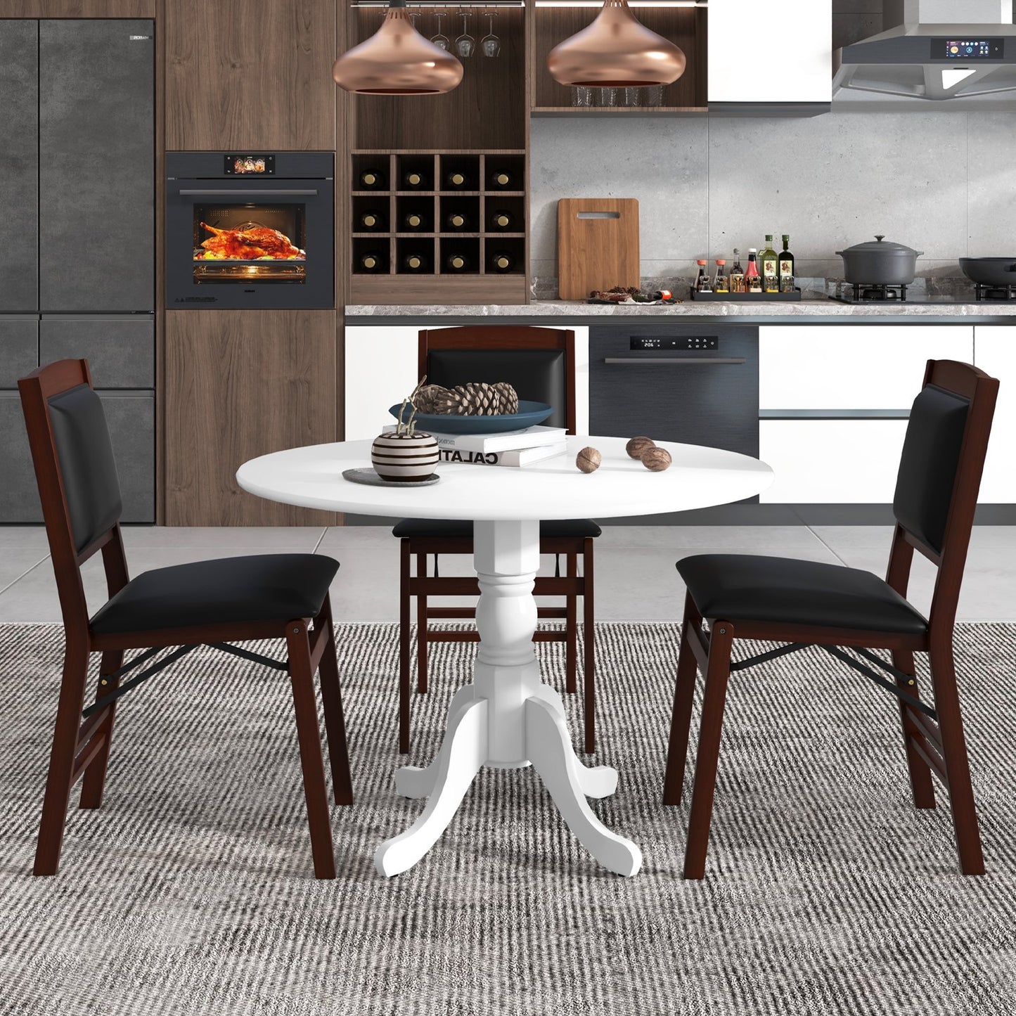 Wooden Dining Table with Round Tabletop and Curved Trestle Legs, White