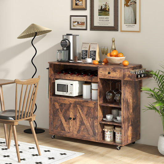 Rolling Kitchen Island Cart with Drop Leaf and Wine Rack, Rustic Brown - Gallery Canada