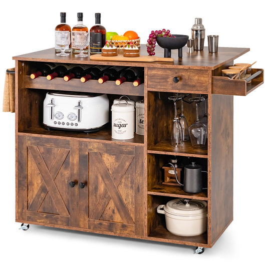 Rolling Kitchen Island Cart with Drop Leaf and Wine Rack, Rustic Brown