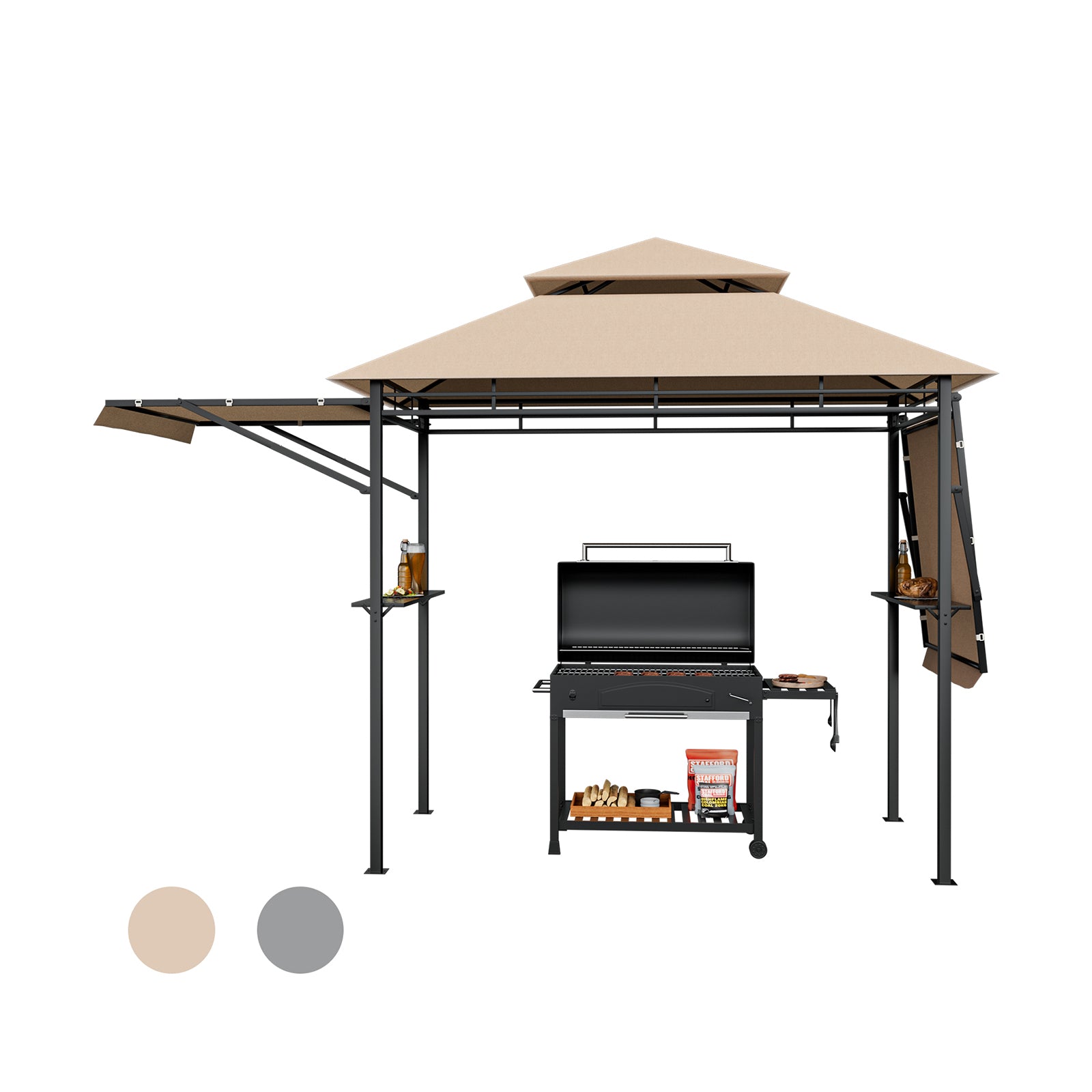 13.5 x 4 Feet Patio BBQ Grill Gazebo Canopy with Dual Side Awnings, Beige Gazebos at Gallery Canada