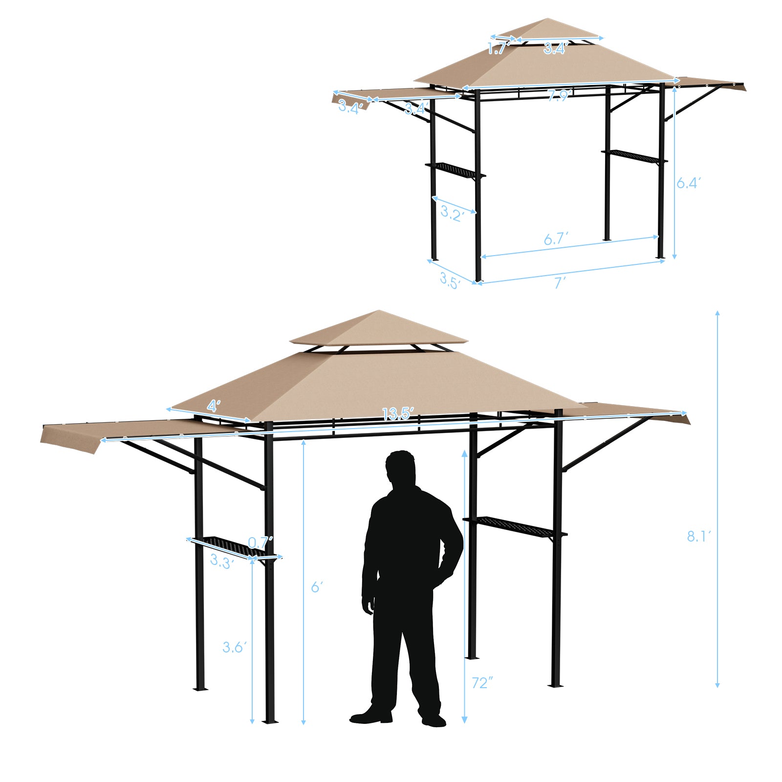 13.5 x 4 Feet Patio BBQ Grill Gazebo Canopy with Dual Side Awnings, Beige Gazebos at Gallery Canada