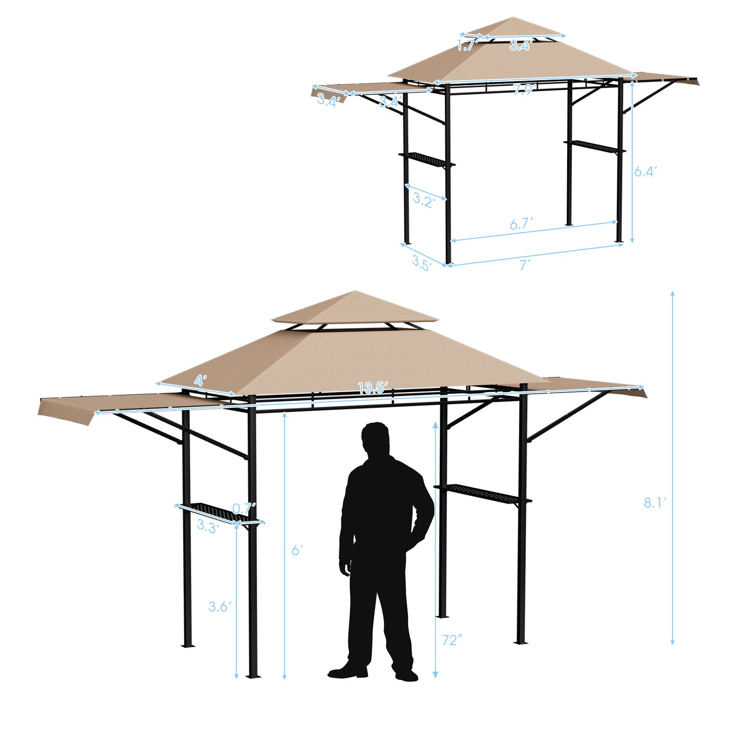 13.5 x 4 Feet Patio BBQ Grill Gazebo Canopy with Dual Side Awnings, Beige Gazebos at Gallery Canada