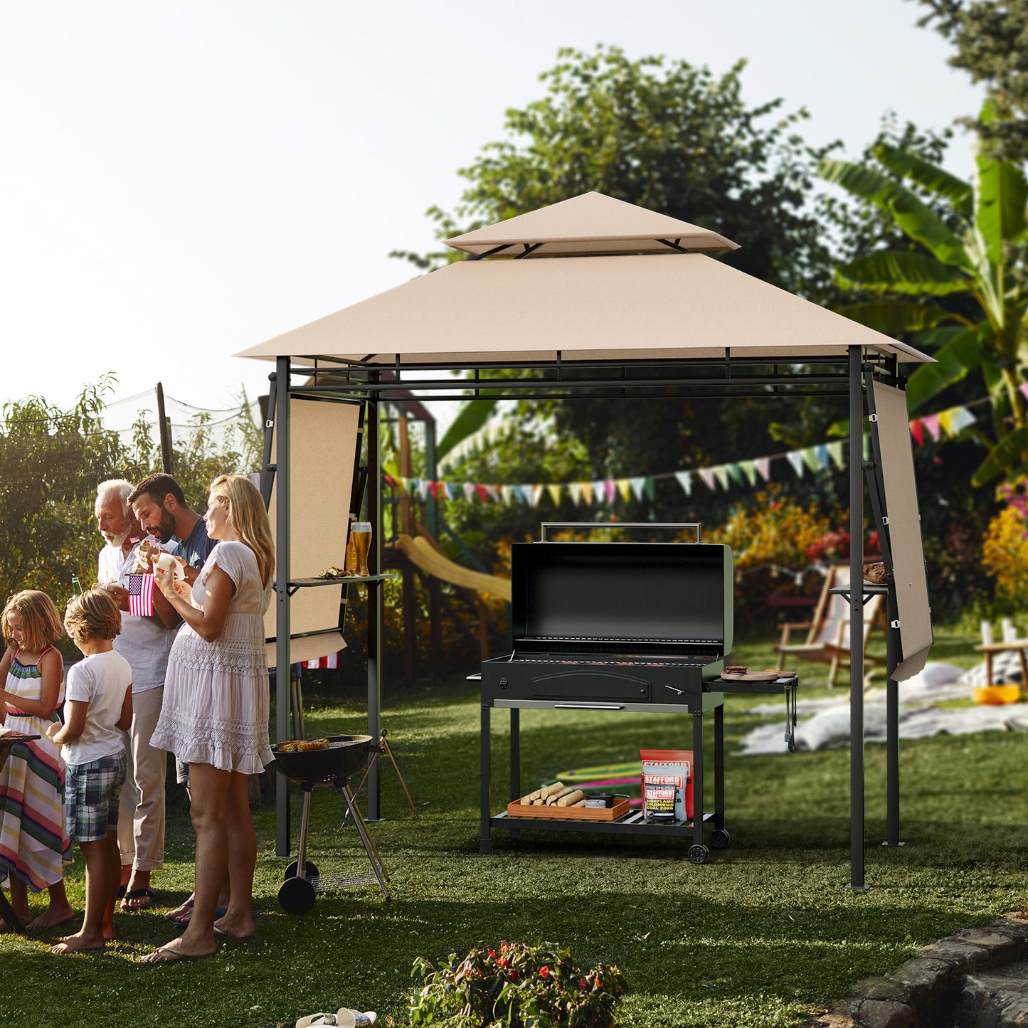 13.5 x 4 Feet Patio BBQ Grill Gazebo Canopy with Dual Side Awnings, Beige Gazebos at Gallery Canada