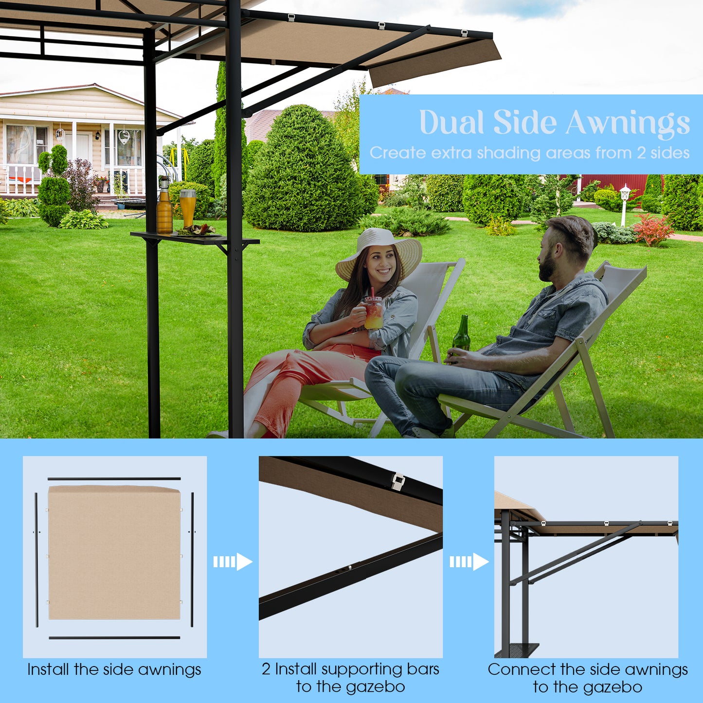 13.5 x 4 Feet Patio BBQ Grill Gazebo Canopy with Dual Side Awnings, Beige Gazebos at Gallery Canada