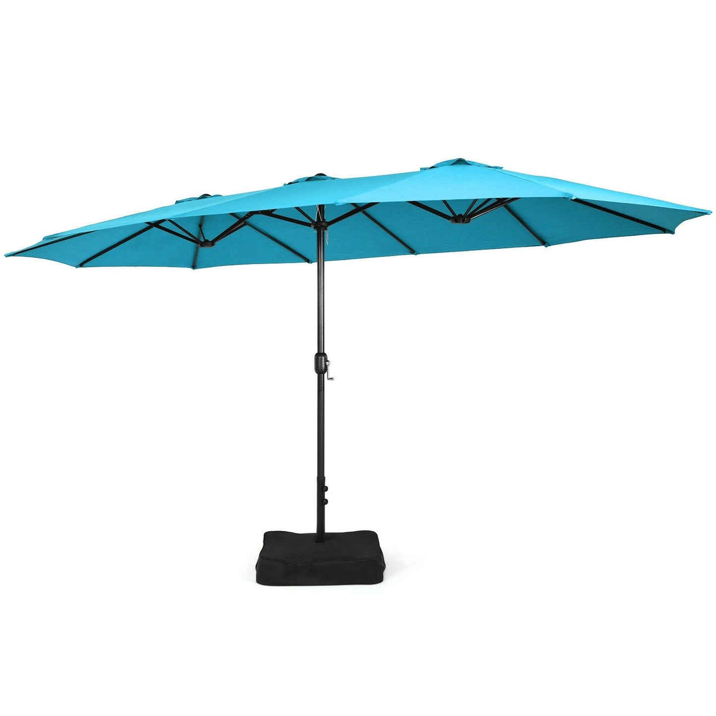 15 Feet Double-Sided Twin Patio Umbrella with Crank and Base Coffee in Outdoor Market, Turquoise - Gallery Canada
