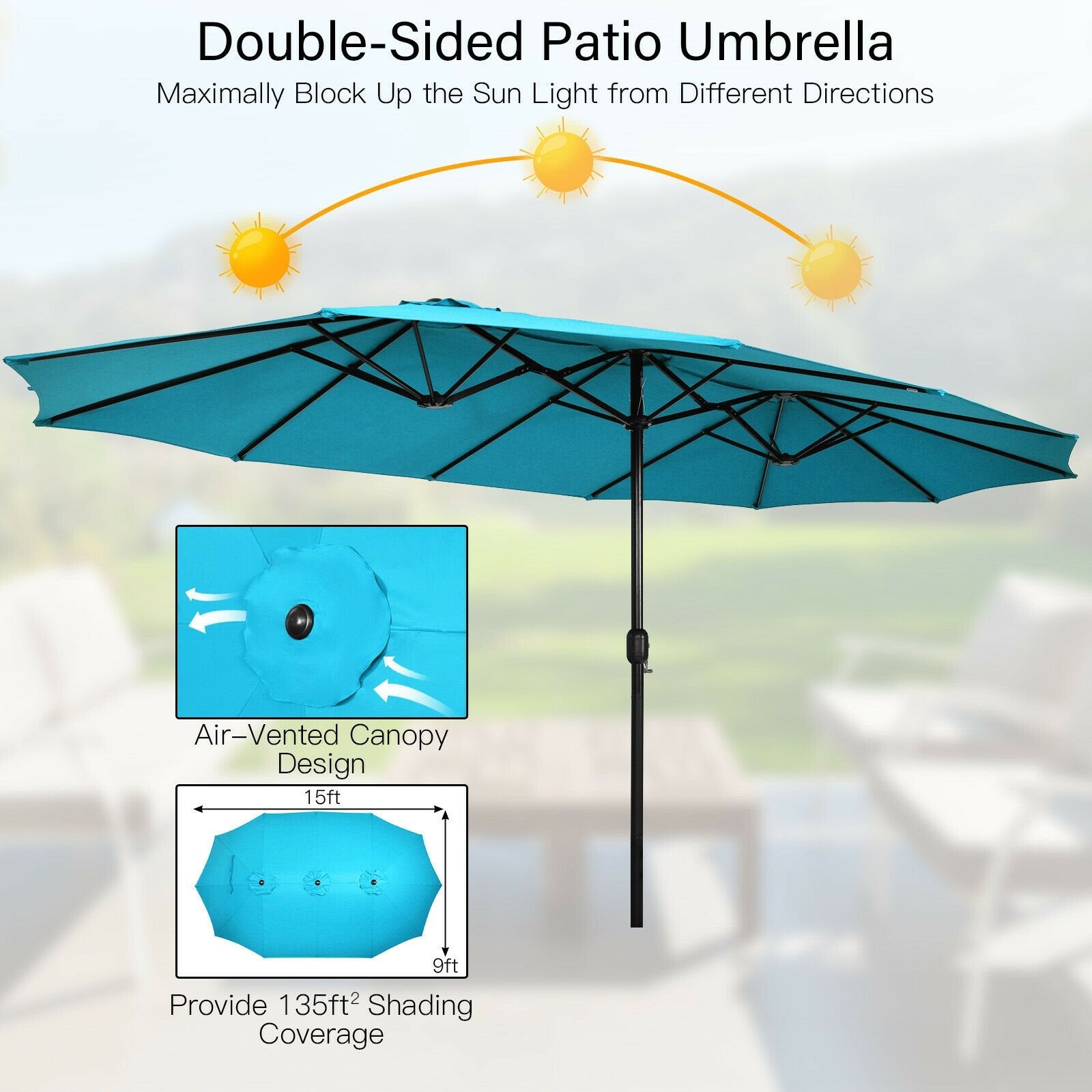 15 Feet Double-Sided Twin Patio Umbrella with Crank and Base Coffee in Outdoor Market, Turquoise - Gallery Canada