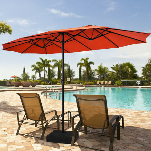 15 Feet Double-Sided Twin Patio Umbrella with Crank and Base Coffee in Outdoor Market, Orange