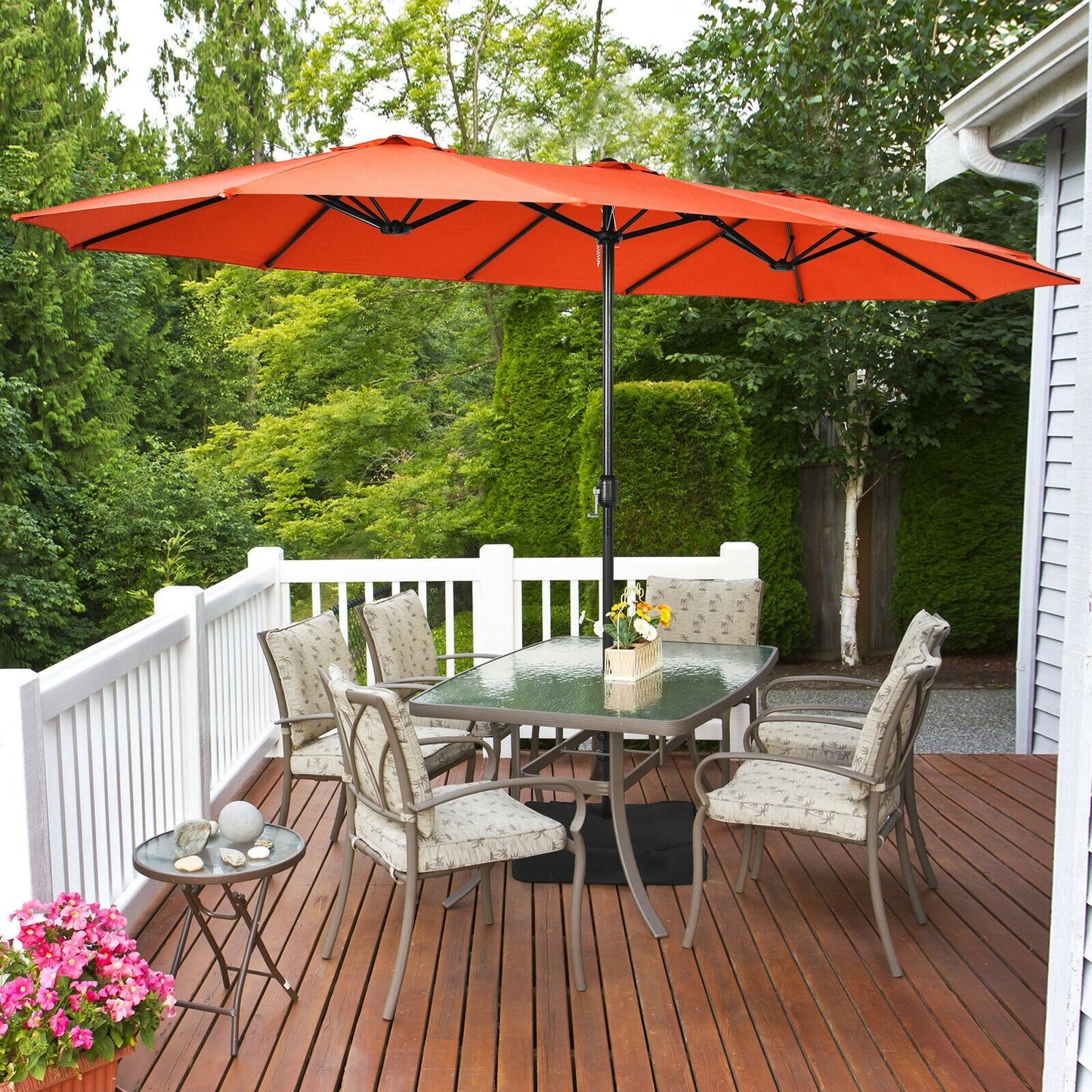 15 Feet Double-Sided Twin Patio Umbrella with Crank and Base Coffee in Outdoor Market, Orange - Gallery Canada
