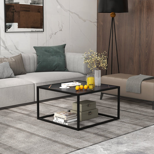 Modern Glass Square Coffee Table with Metal Frame for Living Room, Black - Gallery Canada