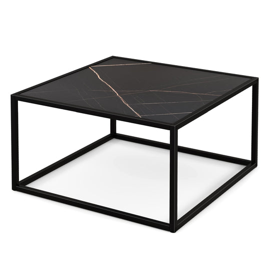 Modern Glass Square Coffee Table with Metal Frame for Living Room, Black - Gallery Canada