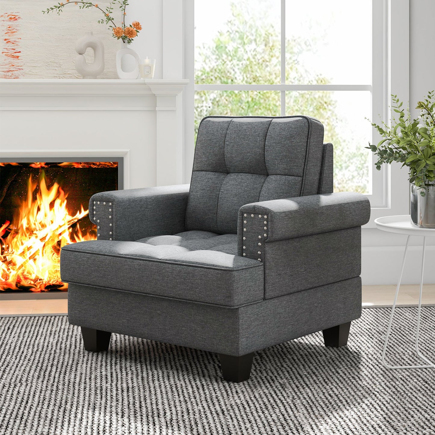 Mid-century Modern Accent Armchair Tufted Linen Club Chair, Gray at Gallery Canada