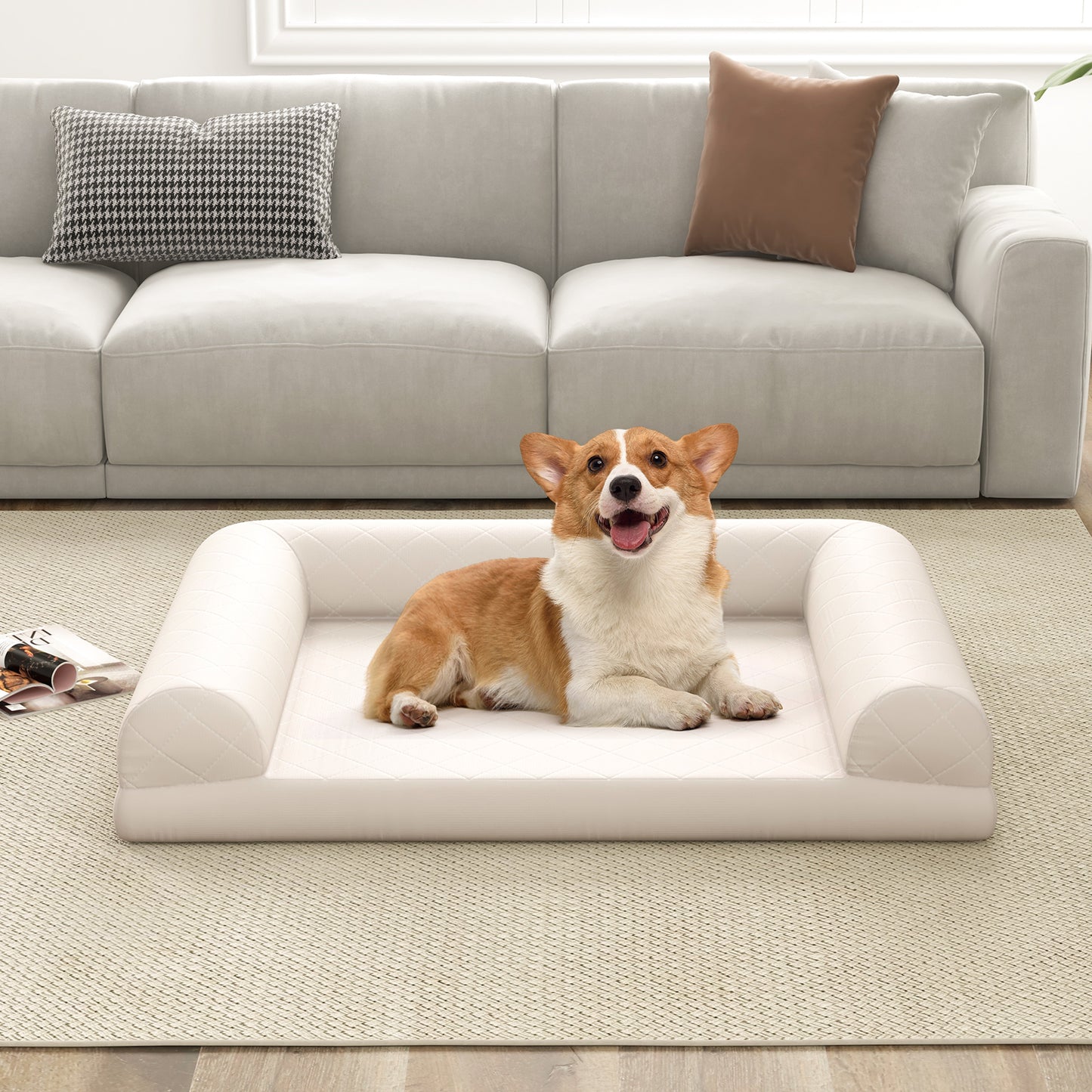 Egg-Foam Dog Crate Bed with 3-Side Bolster and Removable Washable Bed Cover, Beige Dog Supplies at Gallery Canada