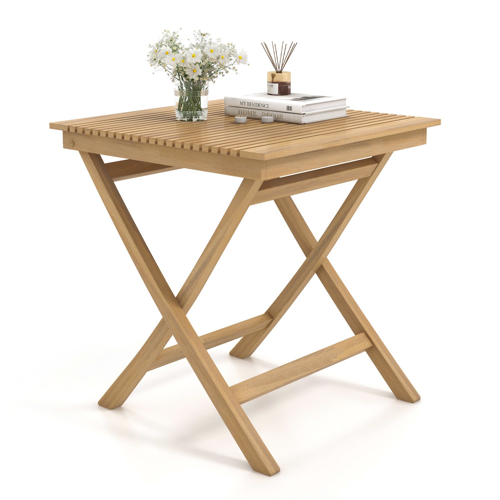 27.5 Inch Patio Bistro Table with Slatted Tabletop and Sturdy Wood Frame, Natural Patio Coffee Tables at Gallery Canada