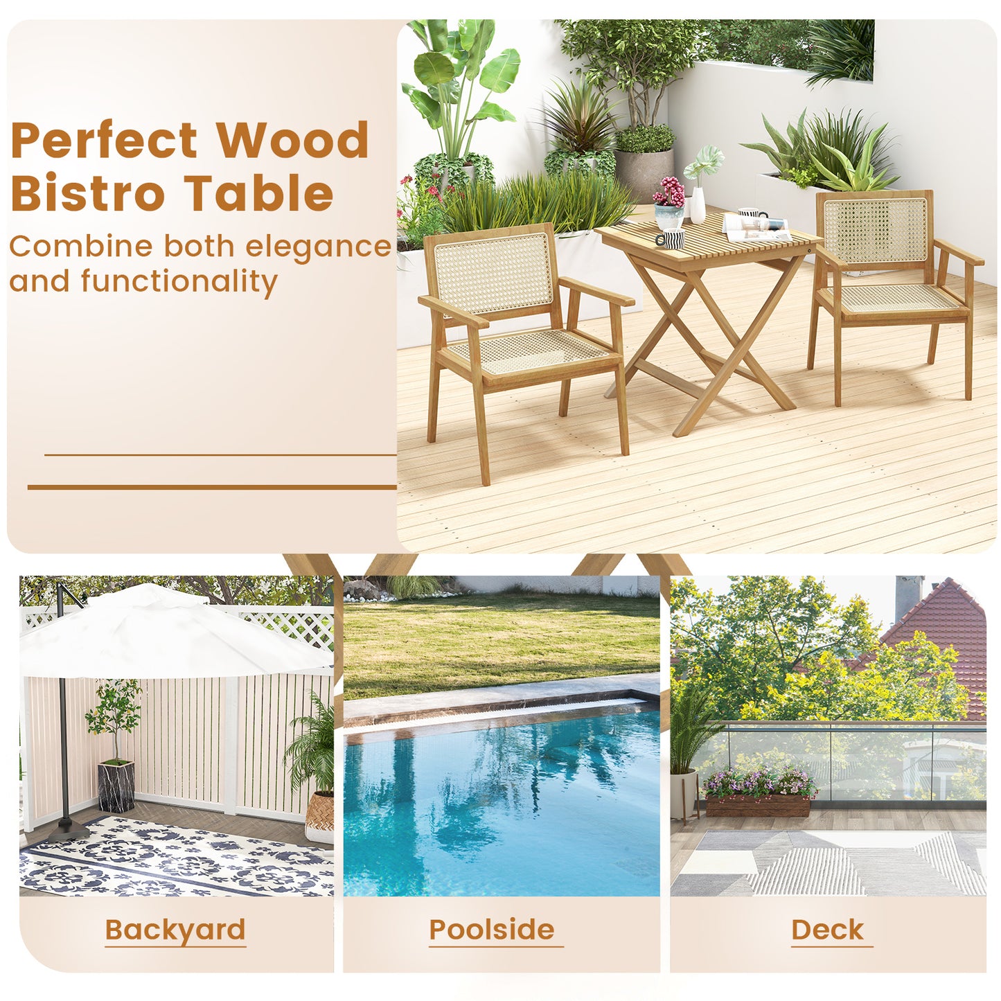 27.5 Inch Patio Bistro Table with Slatted Tabletop and Sturdy Wood Frame, Natural Patio Coffee Tables at Gallery Canada