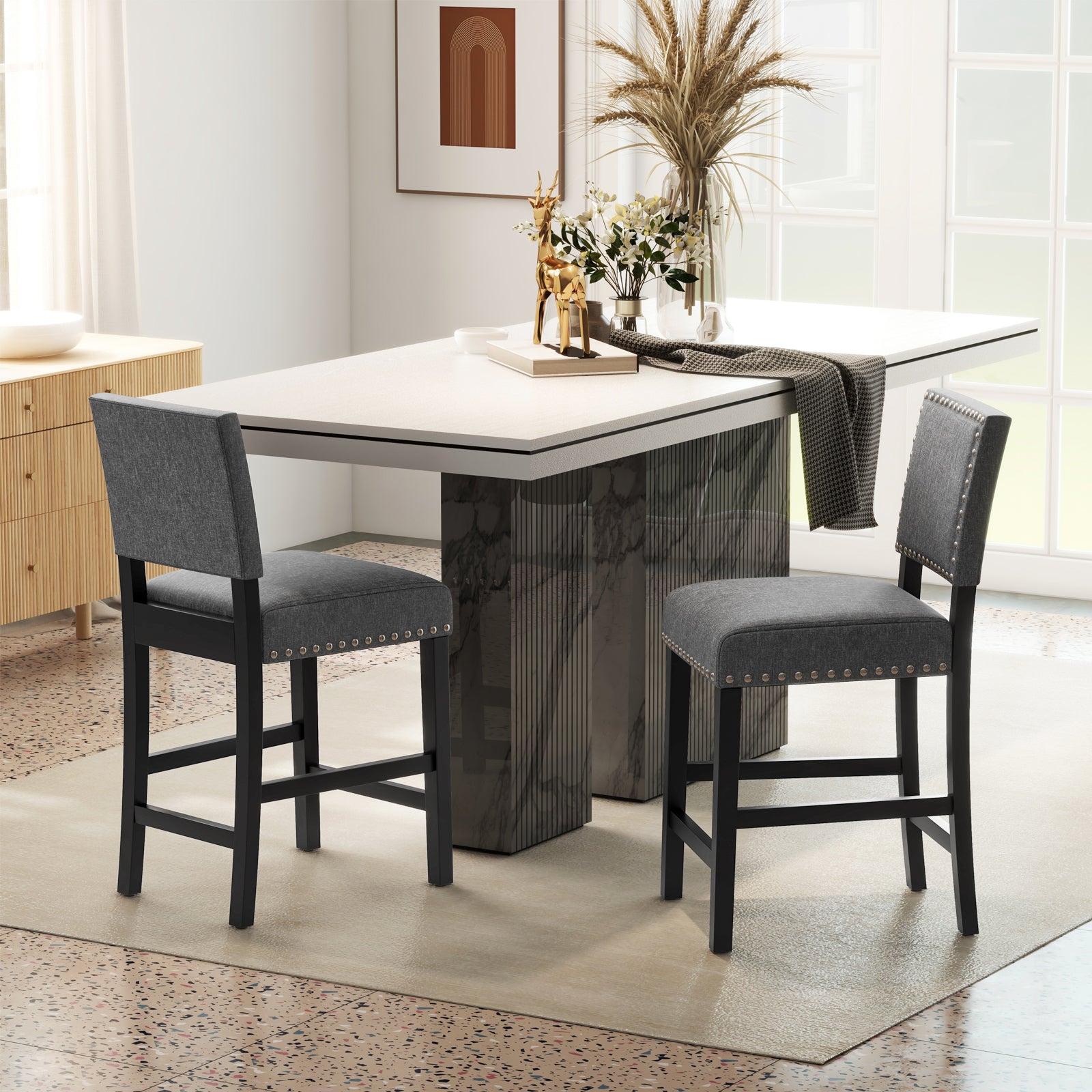 38.5/43.5 Inch Set of 2 Counter Height Chairs with Solid Rubber Wood Frame-S, Gray Dining Chairs at Gallery Canada