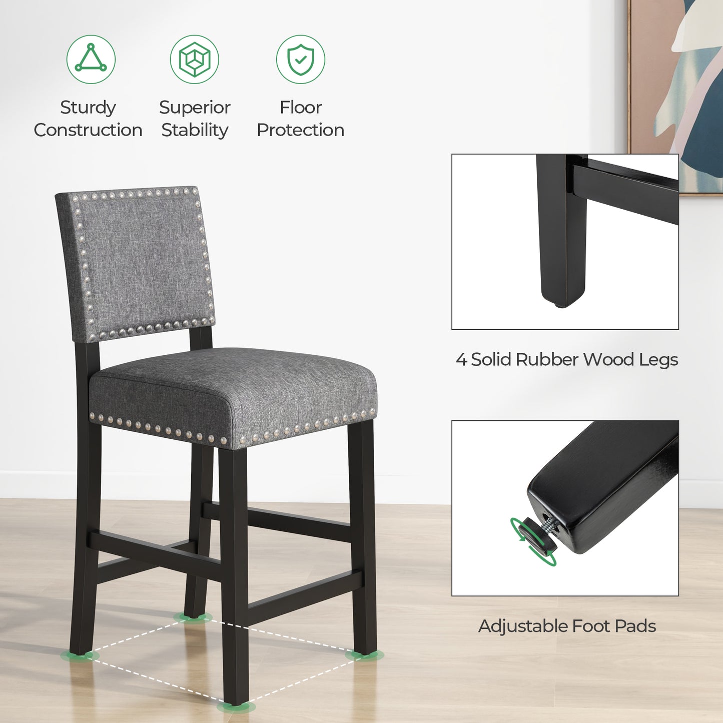 38.5/43.5 Inch Set of 2 Counter Height Chairs with Solid Rubber Wood Frame-S, Gray Dining Chairs at Gallery Canada