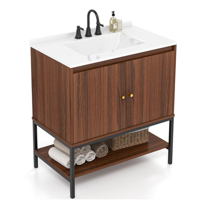 31 Inch Bathroom Vanity Sink Combo with Doors and Open Shelf, Walnut