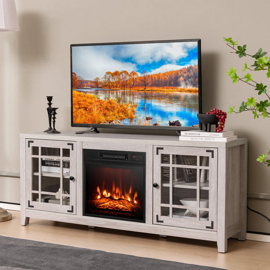 58 Inch Fireplace TV Stand with Adjustable Shelves for TVs up to 65 Inch, Natural - Gallery Canada