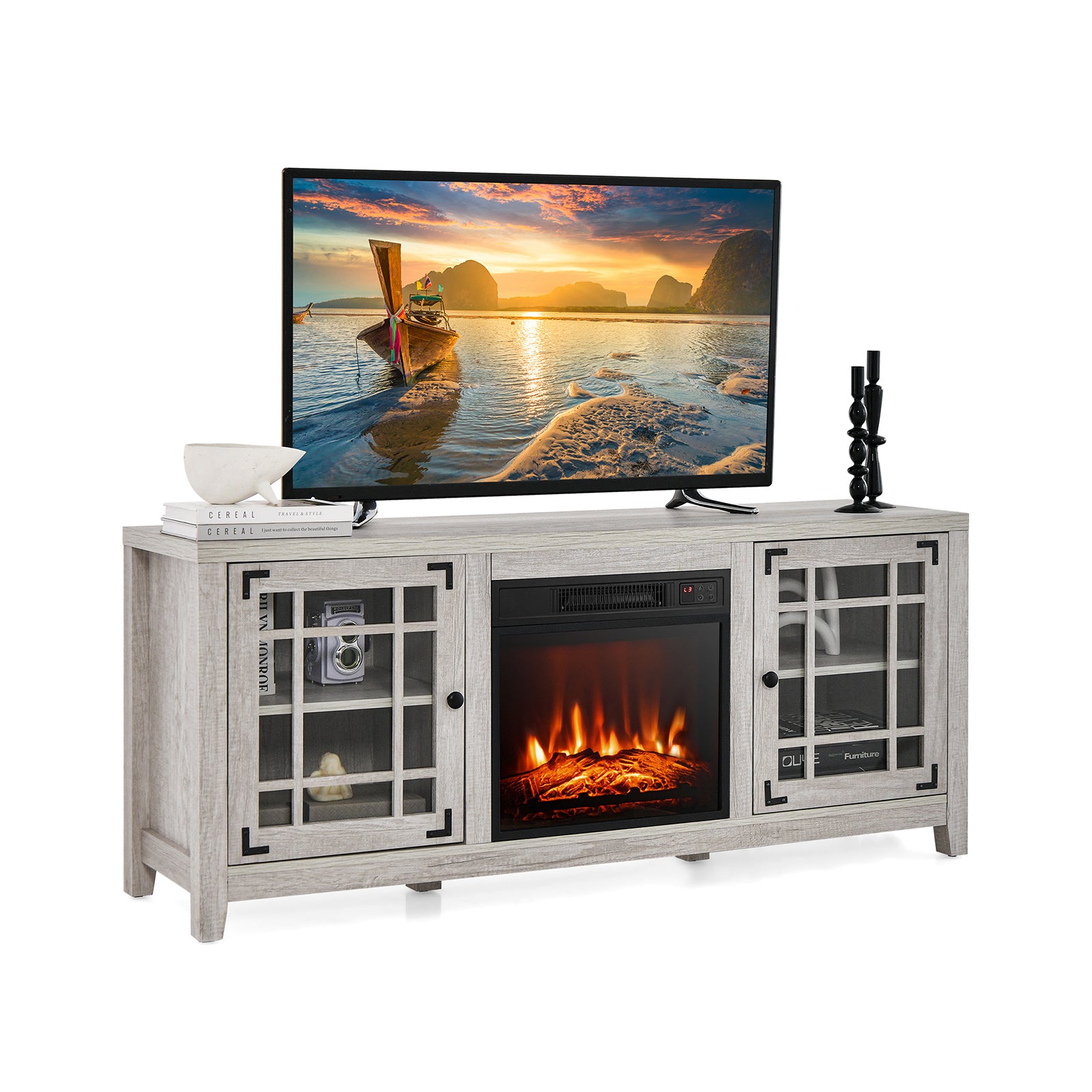 58 Inch Fireplace TV Stand, Adjustable Shelves, For 65 Inch TVs, Natural Entertainment Centers & TV Stands at Gallery Canada