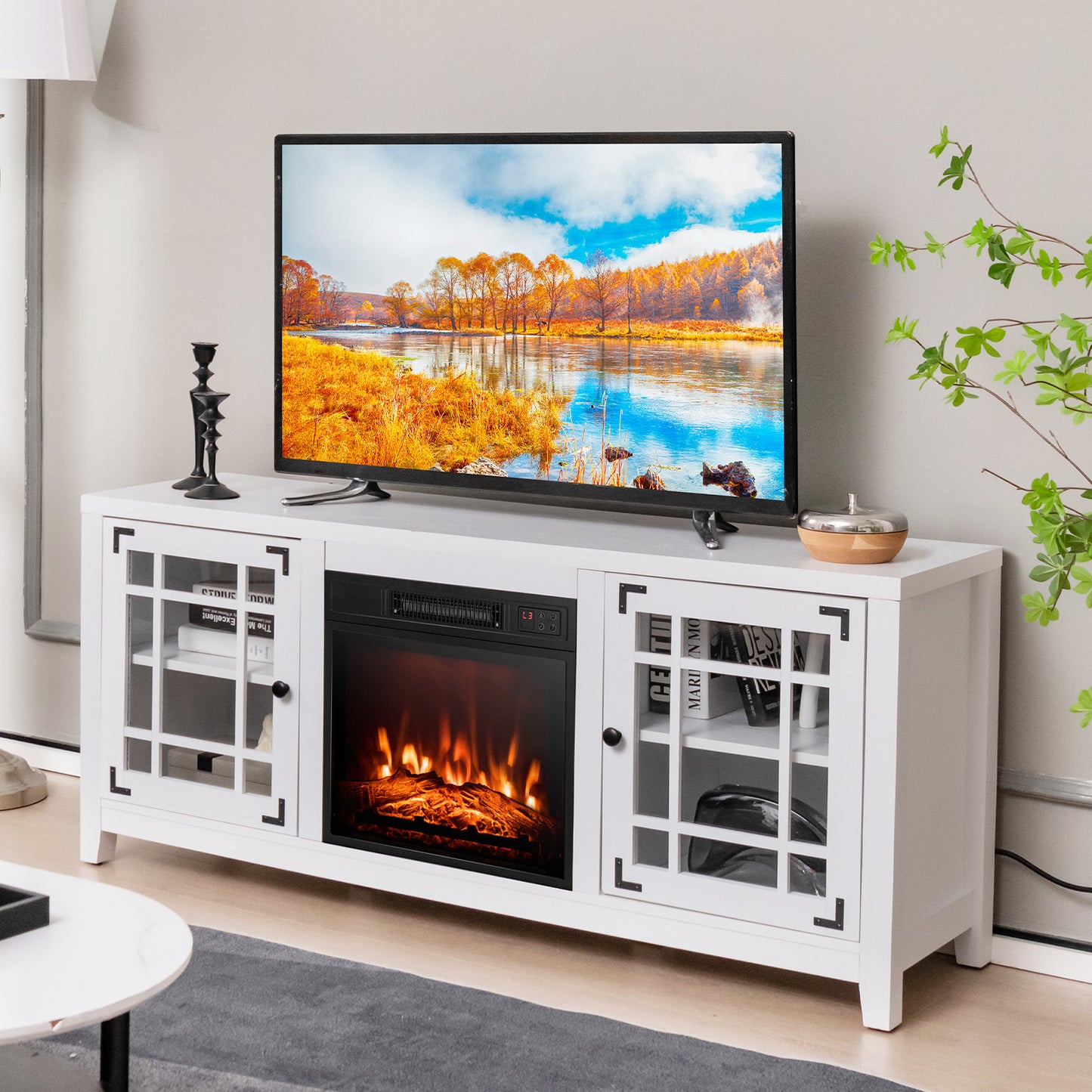 58 Inch Fireplace TV Stand with Adjustable Shelves for TVs up to 65 Inch, White Entertainment Centers & TV Stands at Gallery Canada
