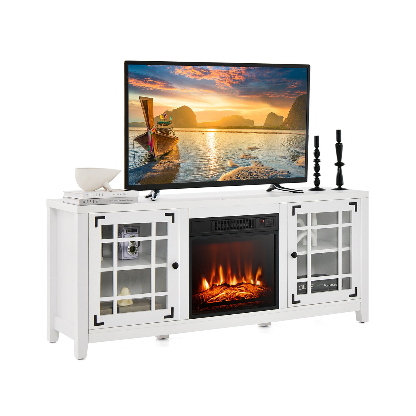 58 Inch Fireplace TV Stand with Adjustable Shelves for TVs up to 65 Inch, White Entertainment Centers & TV Stands at Gallery Canada