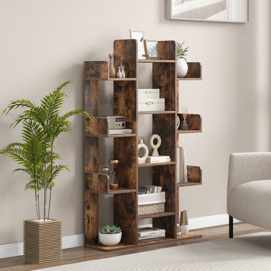 Tree-Shaped Bookshelf with 13 Compartments for Home Office, Rustic Brown - Gallery Canada