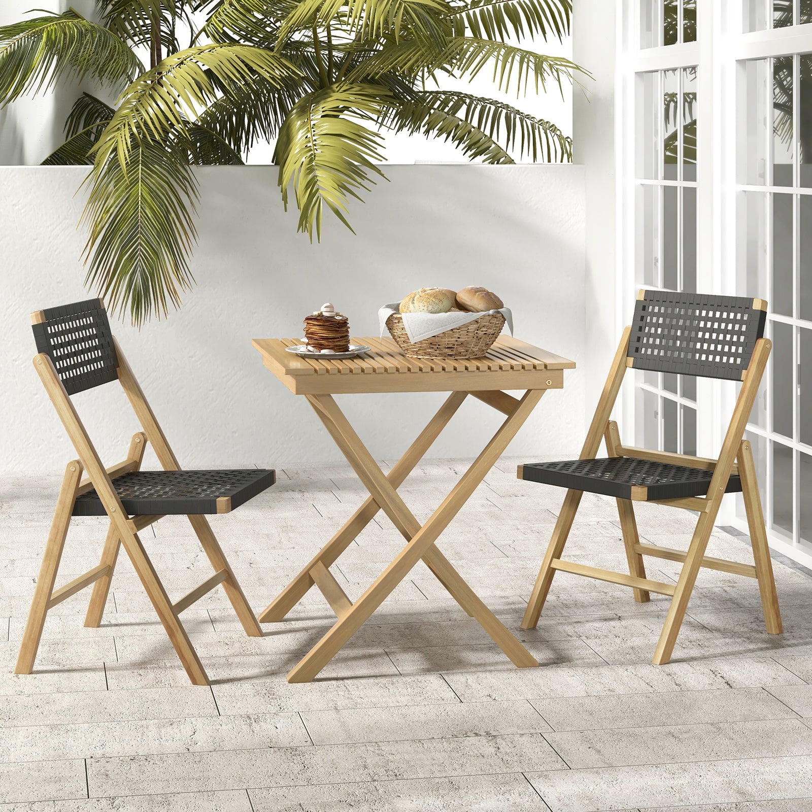 Set of 2 Folding Chairs Indonesia Teak Wood Dining Chairs with Woven Rope Seat and Back, Natural Patio Dining Chairs at Gallery Canada