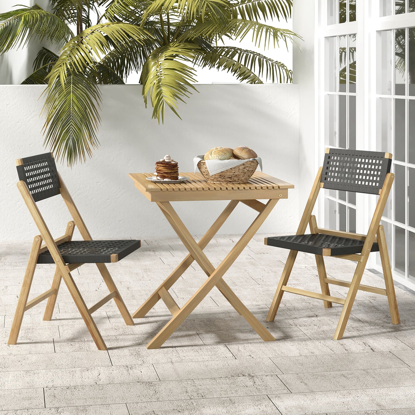 Set of 2 Folding Chairs Indonesia Teak Wood Dining Chairs with Woven Rope Seat and Back, Natural Patio Dining Chairs at Gallery Canada
