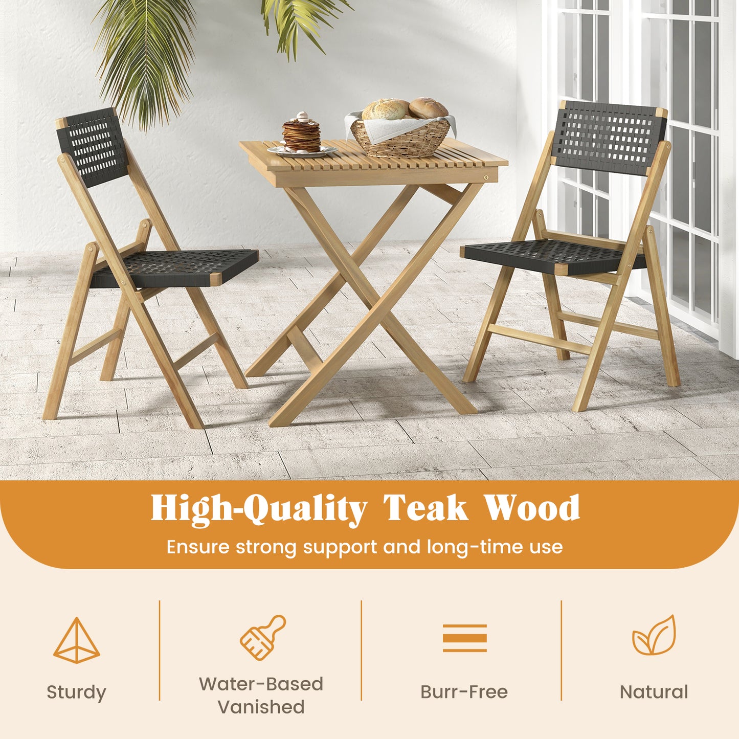 Set of 2 Folding Chairs Indonesia Teak Wood Dining Chairs with Woven Rope Seat and Back, Natural Patio Dining Chairs at Gallery Canada