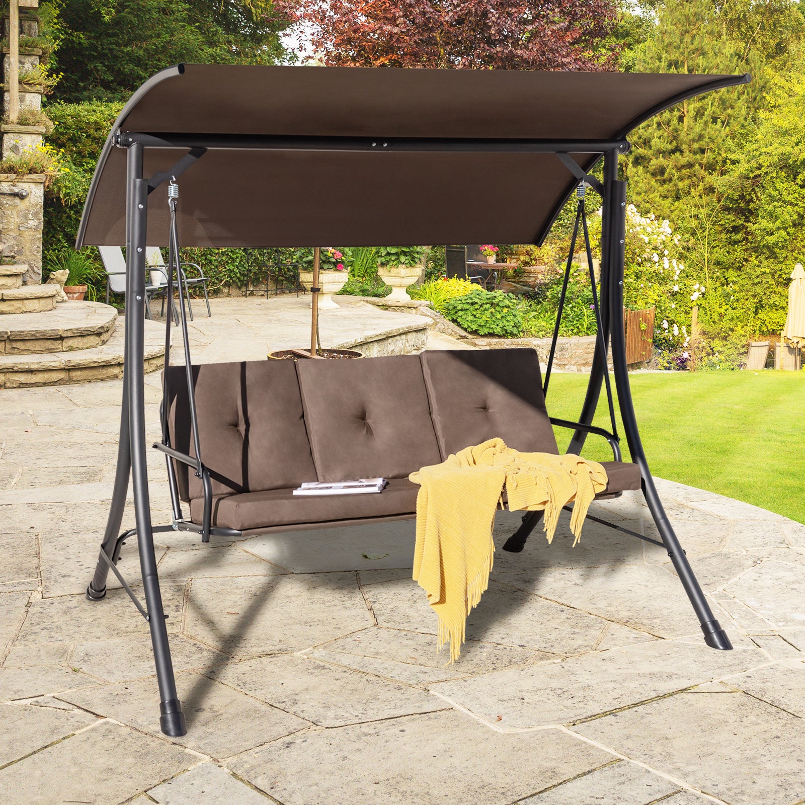3-Seat Outdoor Porch Swing with Adjustable Canopy and Padded Cushions, Brown Porch Swings at Gallery Canada