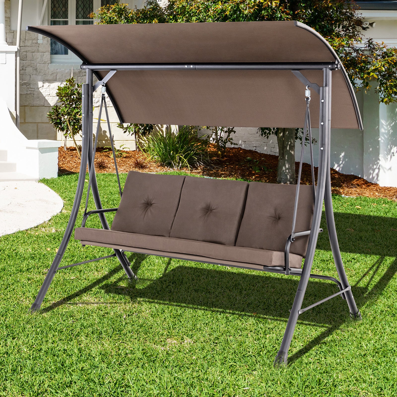 3-Seat Outdoor Porch Swing with Adjustable Canopy and Padded Cushions, Brown Porch Swings at Gallery Canada