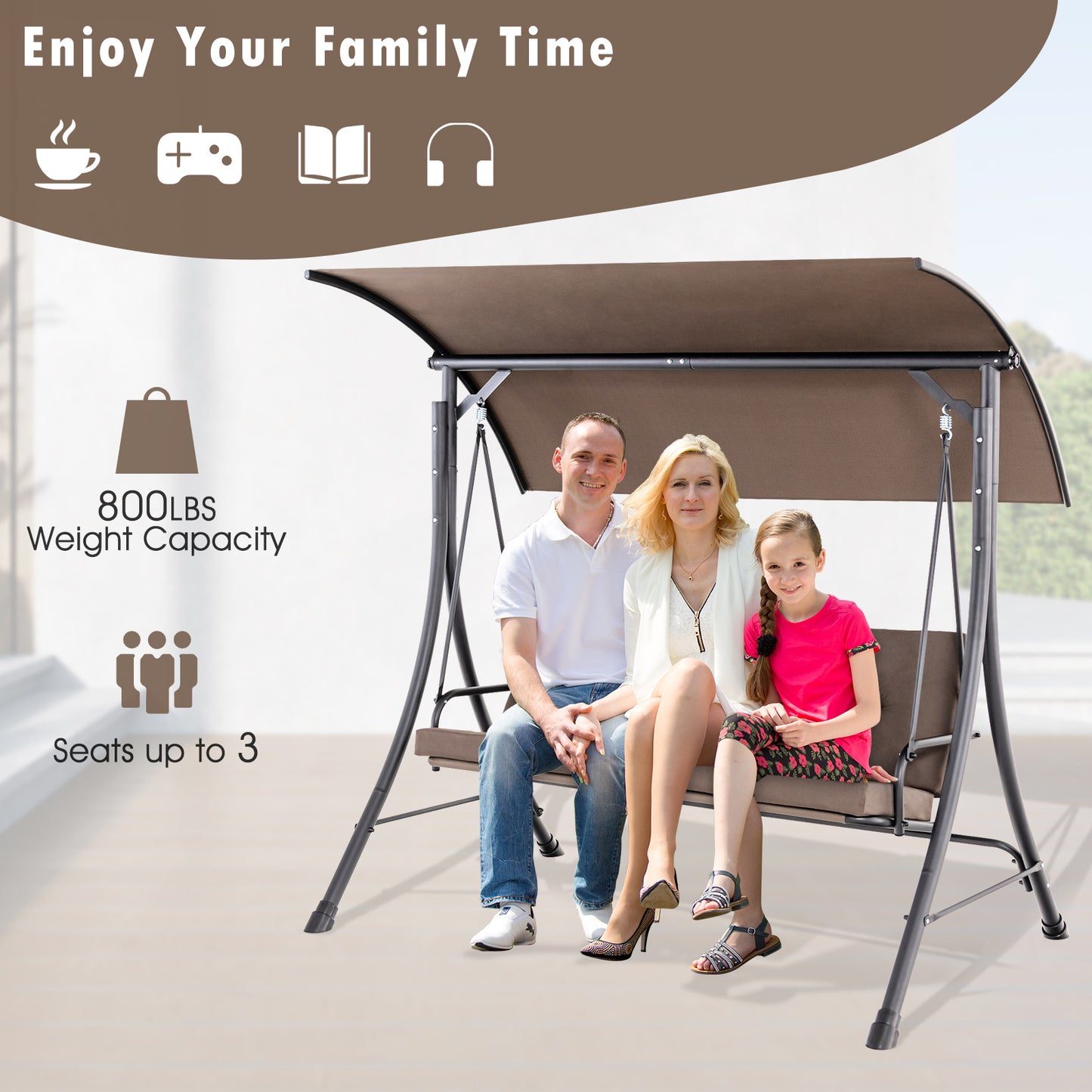 3-Seat Outdoor Porch Swing with Adjustable Canopy and Padded Cushions, Brown Porch Swings at Gallery Canada