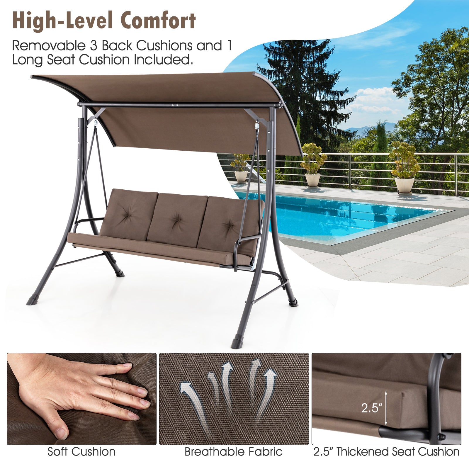 3-Seat Outdoor Porch Swing with Adjustable Canopy and Padded Cushions, Brown Porch Swings at Gallery Canada