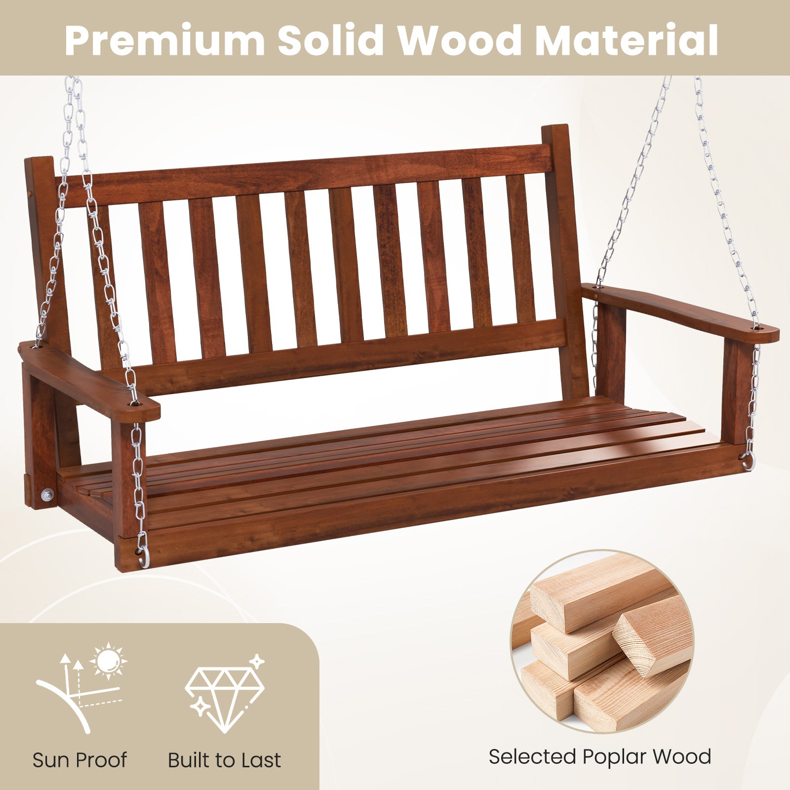 2-Person Wooden Outdoor Porch Swing with 500 lbs Weight Capacity, Brown Porch Swings at Gallery Canada