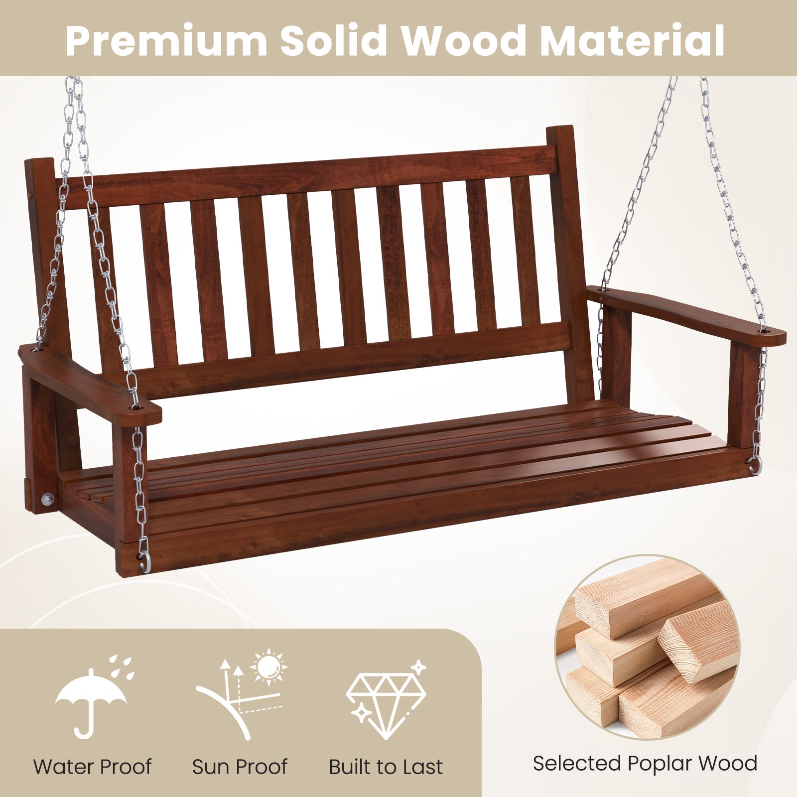 3-Person Wooden Outdoor Porch Swing with 800 lbs Weight Capacity, Brown Porch Swings at Gallery Canada