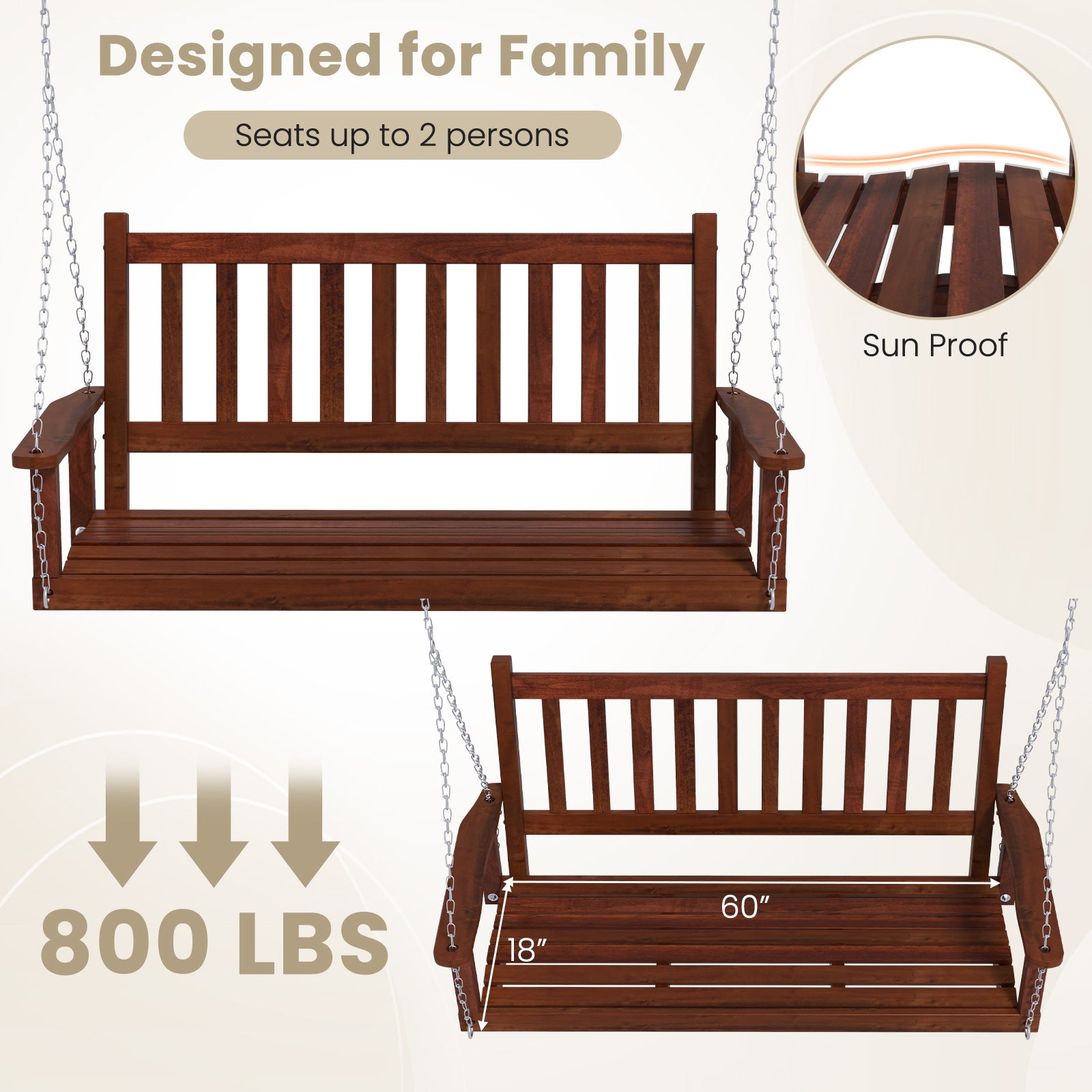 3-Person Wooden Outdoor Porch Swing with 800 lbs Weight Capacity, Brown Porch Swings at Gallery Canada