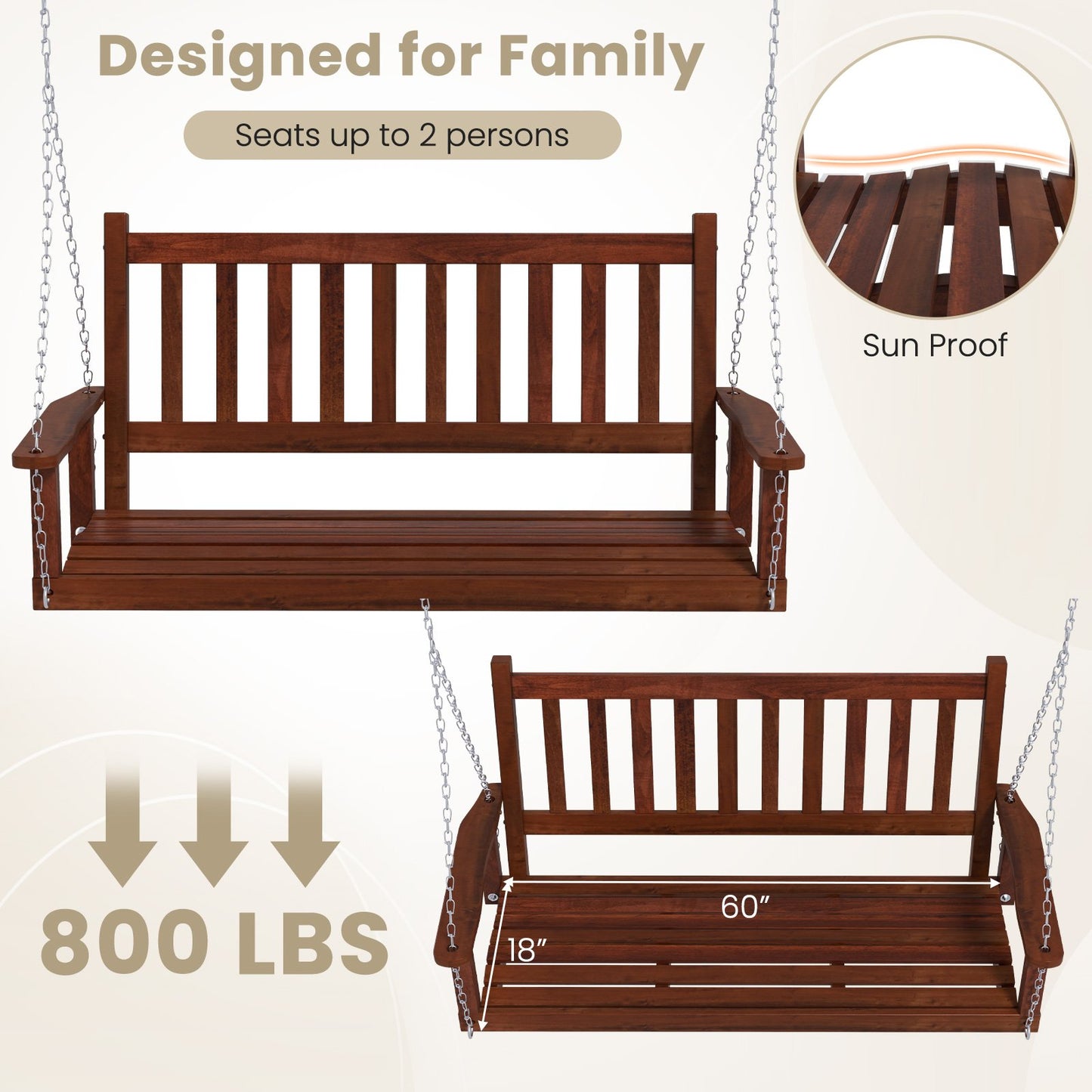 3-Person Wooden Outdoor Porch Swing with 800 lbs Weight Capacity, Brown