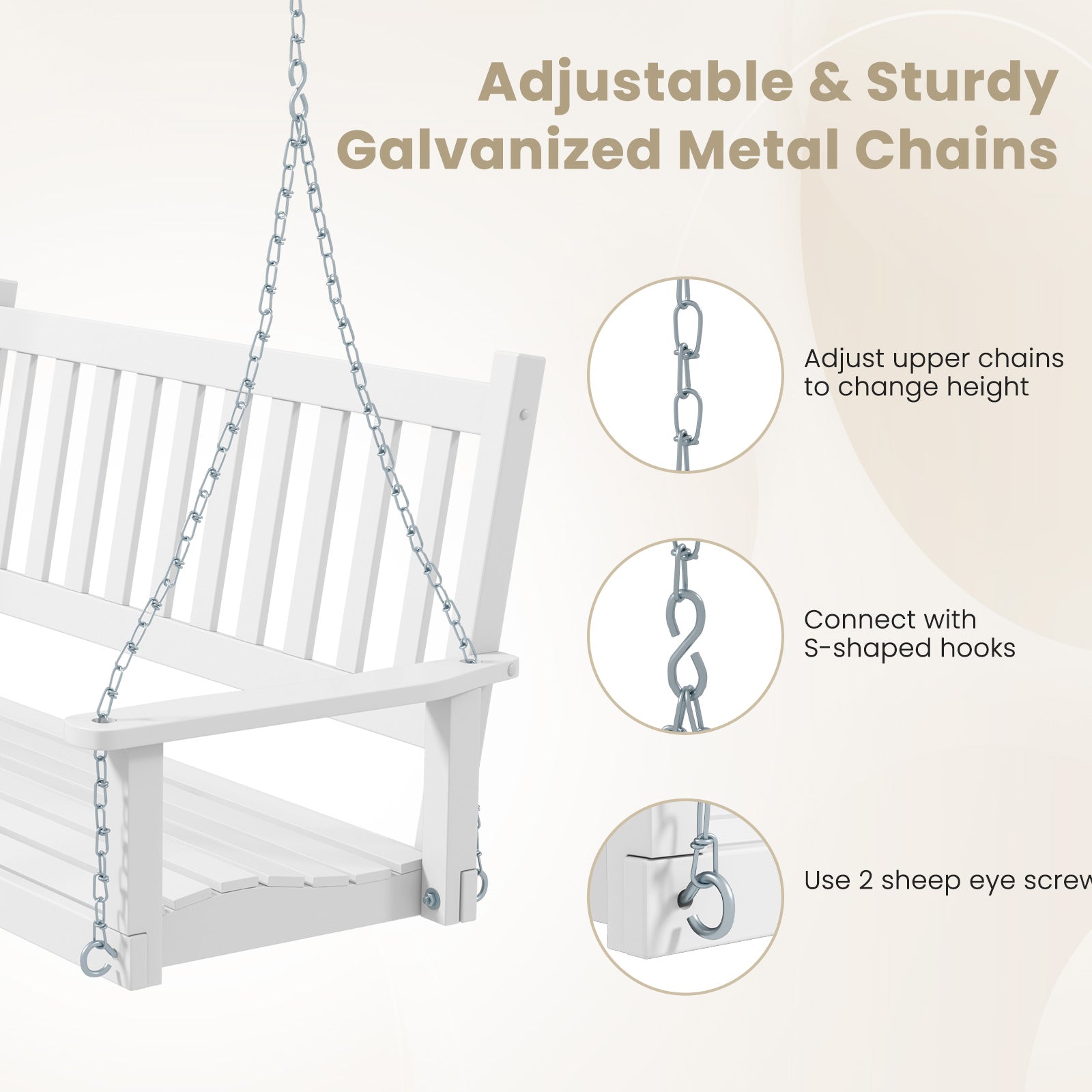 3-Person Wooden Outdoor Porch Swing with 800 lbs Weight Capacity, White Porch Swings at Gallery Canada