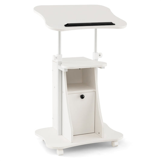 Adjustable Mobile Standing Desk Cart with Tilt Desktop and Cabinet, White