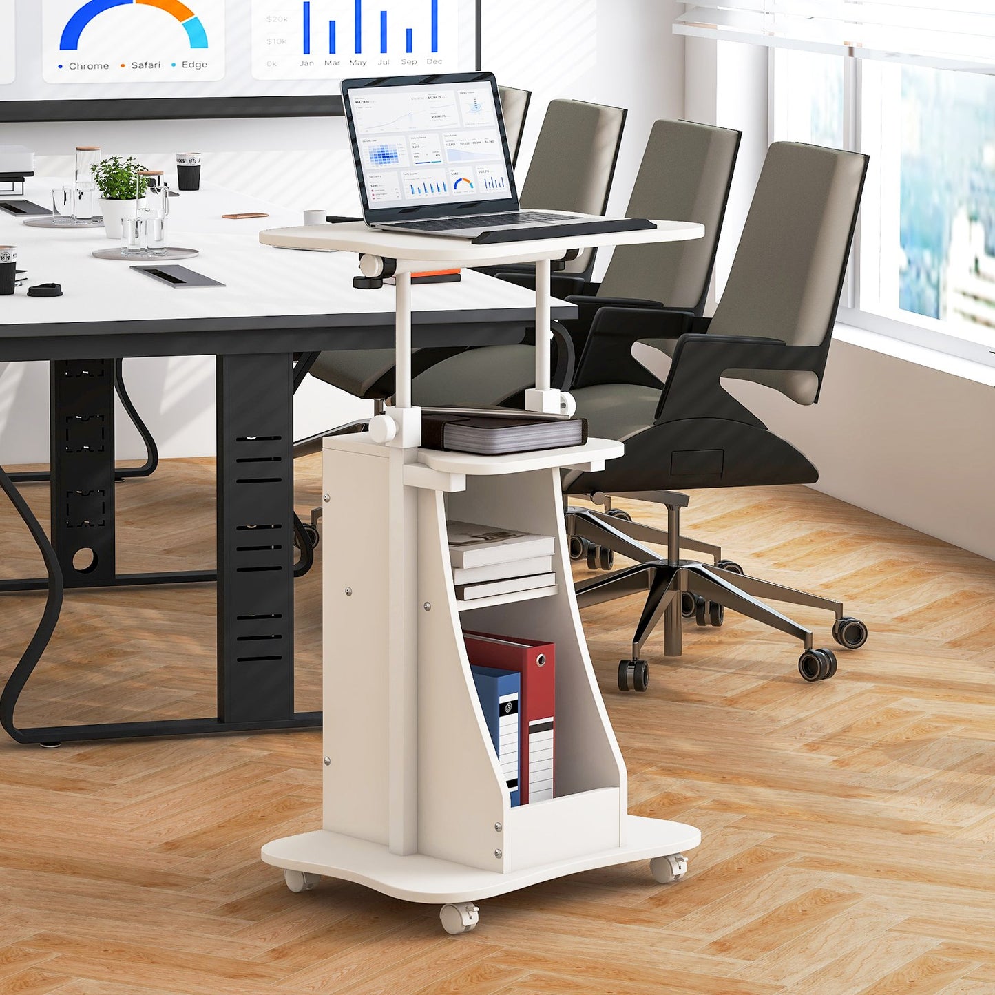 Mobile Podium Stand Height Adjustable Laptop Cart with Tilting Tabletop and Storage Compartments, White