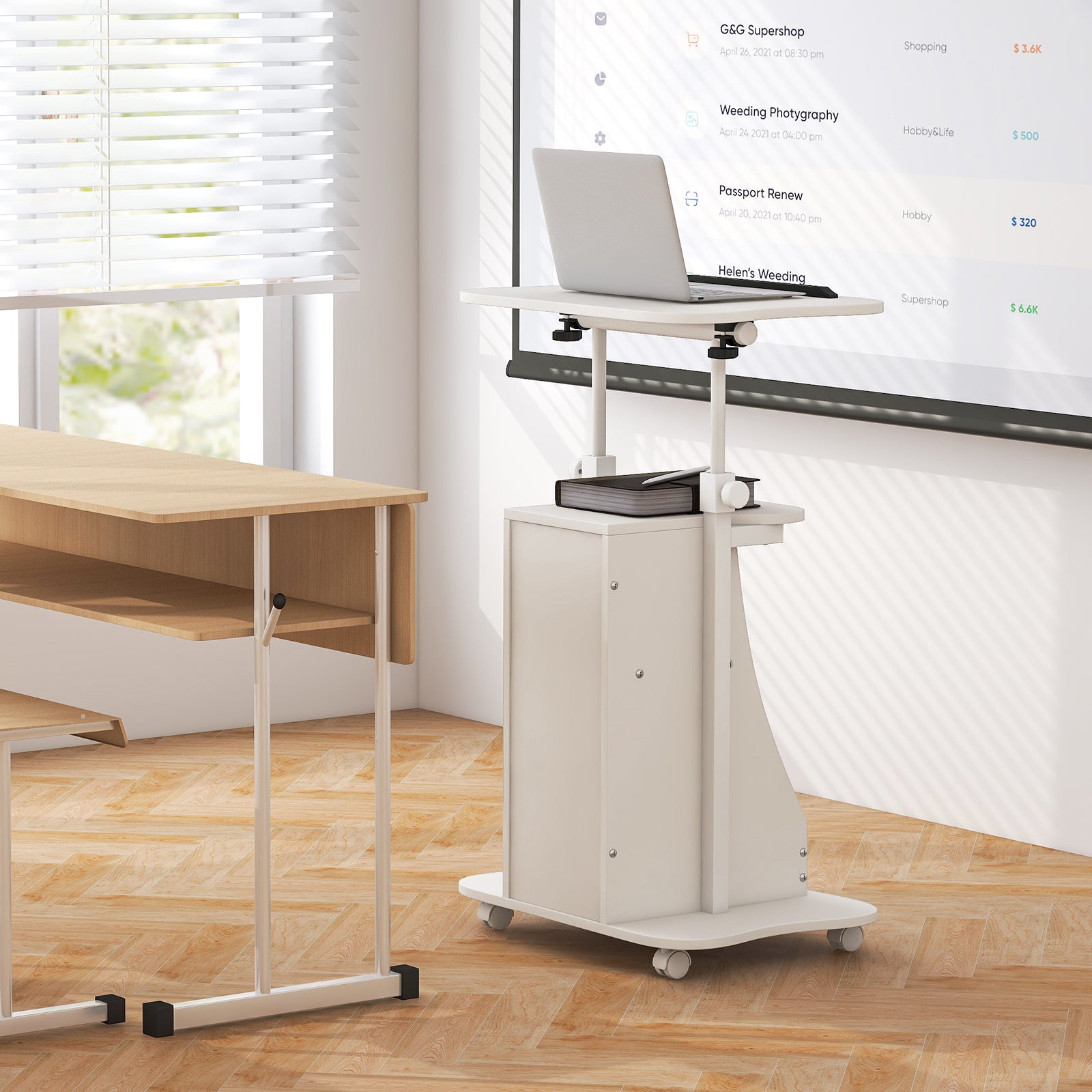 Mobile Podium Stand Height Adjustable Laptop Cart with Tilting Tabletop and Storage Compartments, White Laptop Tables & Printer Stands at Gallery Canada