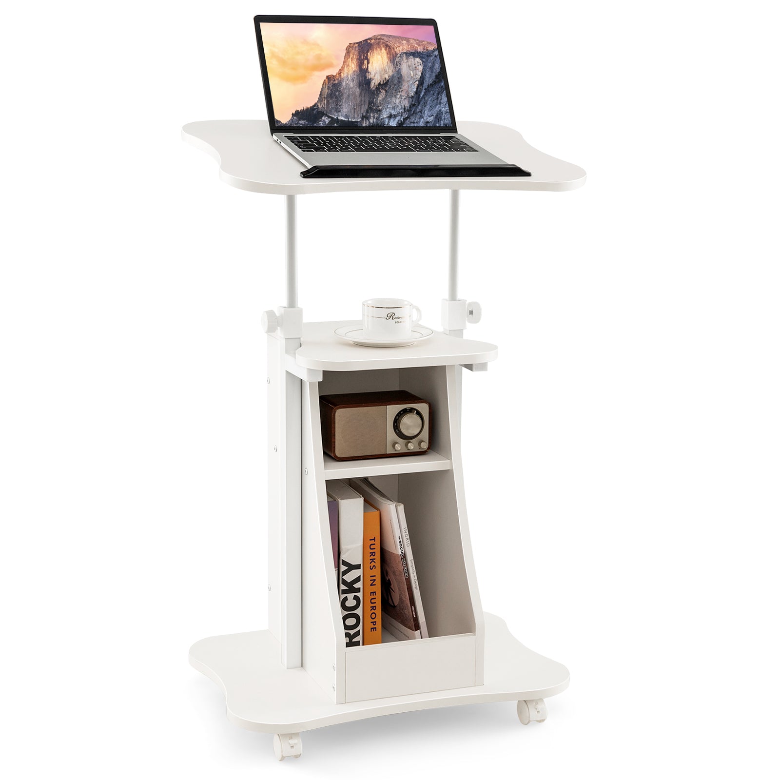 Mobile Podium Stand Height Adjustable Laptop Cart with Tilting Tabletop and Storage Compartments, White Laptop Tables & Printer Stands at Gallery Canada