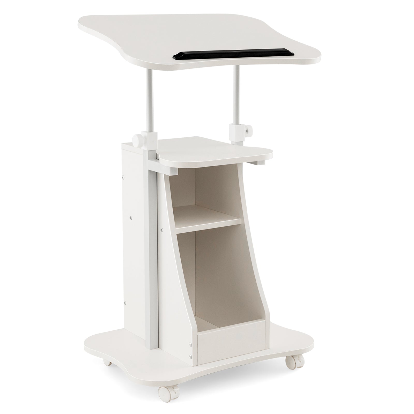 Mobile Podium Stand Height Adjustable Laptop Cart with Tilting Tabletop and Storage Compartments, White Laptop Tables & Printer Stands at Gallery Canada
